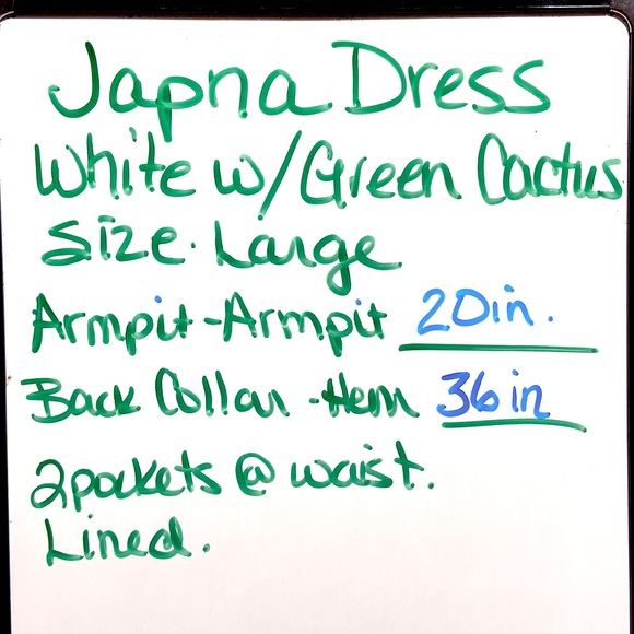 Japana White Dress with Cactus. Button Front and fully lined. Size Large. - Picture 7 of 8